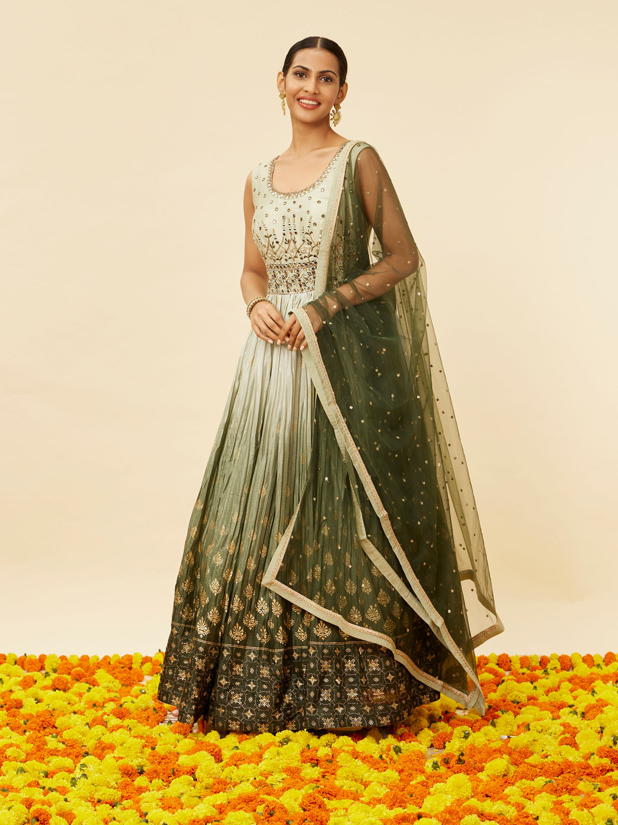 Mohey Women Mehendi and Sage Green Buta Patterned Anarkali Suit