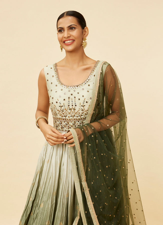 Mohey Women Mehendi and Sage Green Buta Patterned Anarkali Suit