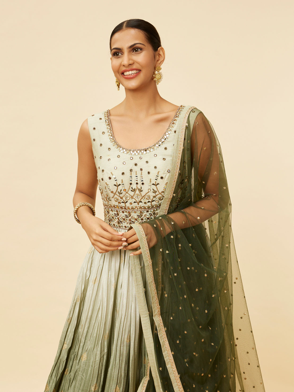 Mohey Women Mehendi and Sage Green Buta Patterned Anarkali Suit