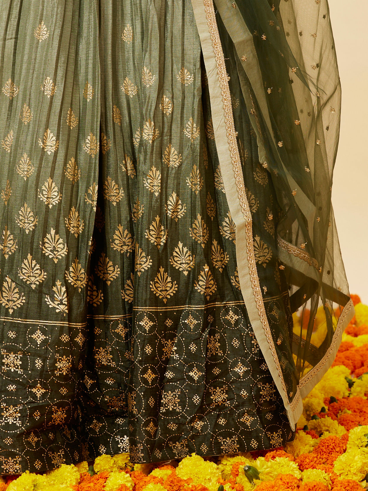 Mohey Women Mehendi and Sage Green Buta Patterned Anarkali Suit