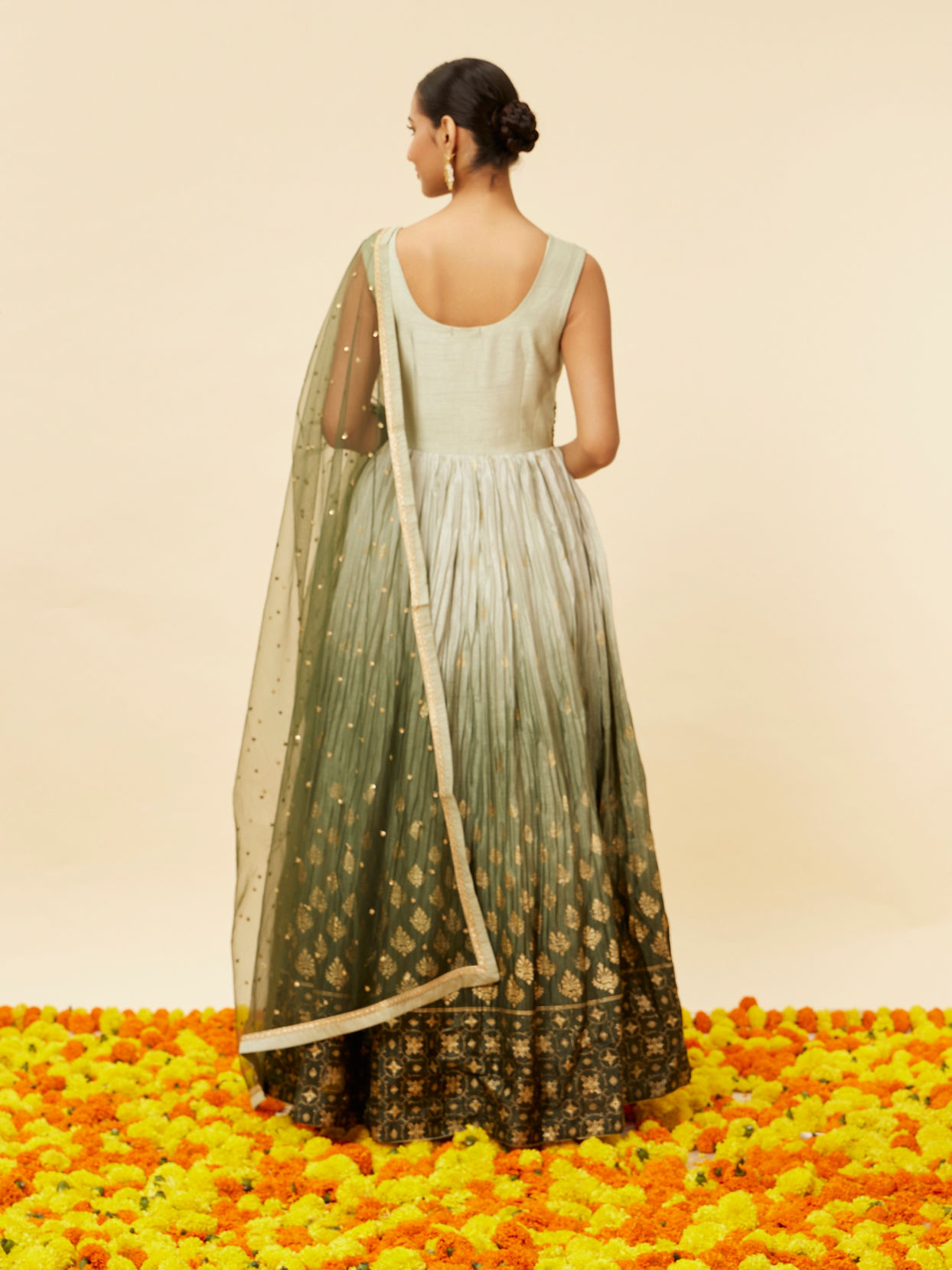 Mohey Women Mehendi and Sage Green Buta Patterned Anarkali Suit