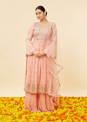 alt message - Mohey Women Pink Mirror Work Anarkali Suit image number 0