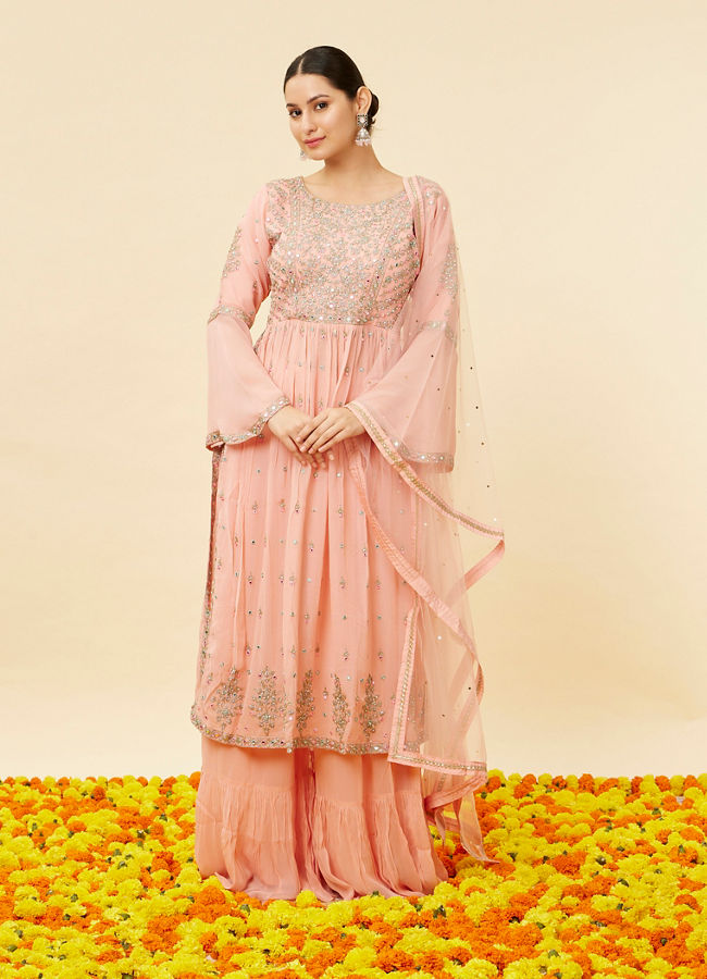 alt message - Mohey Women Pink Mirror Work Anarkali Suit image number 0