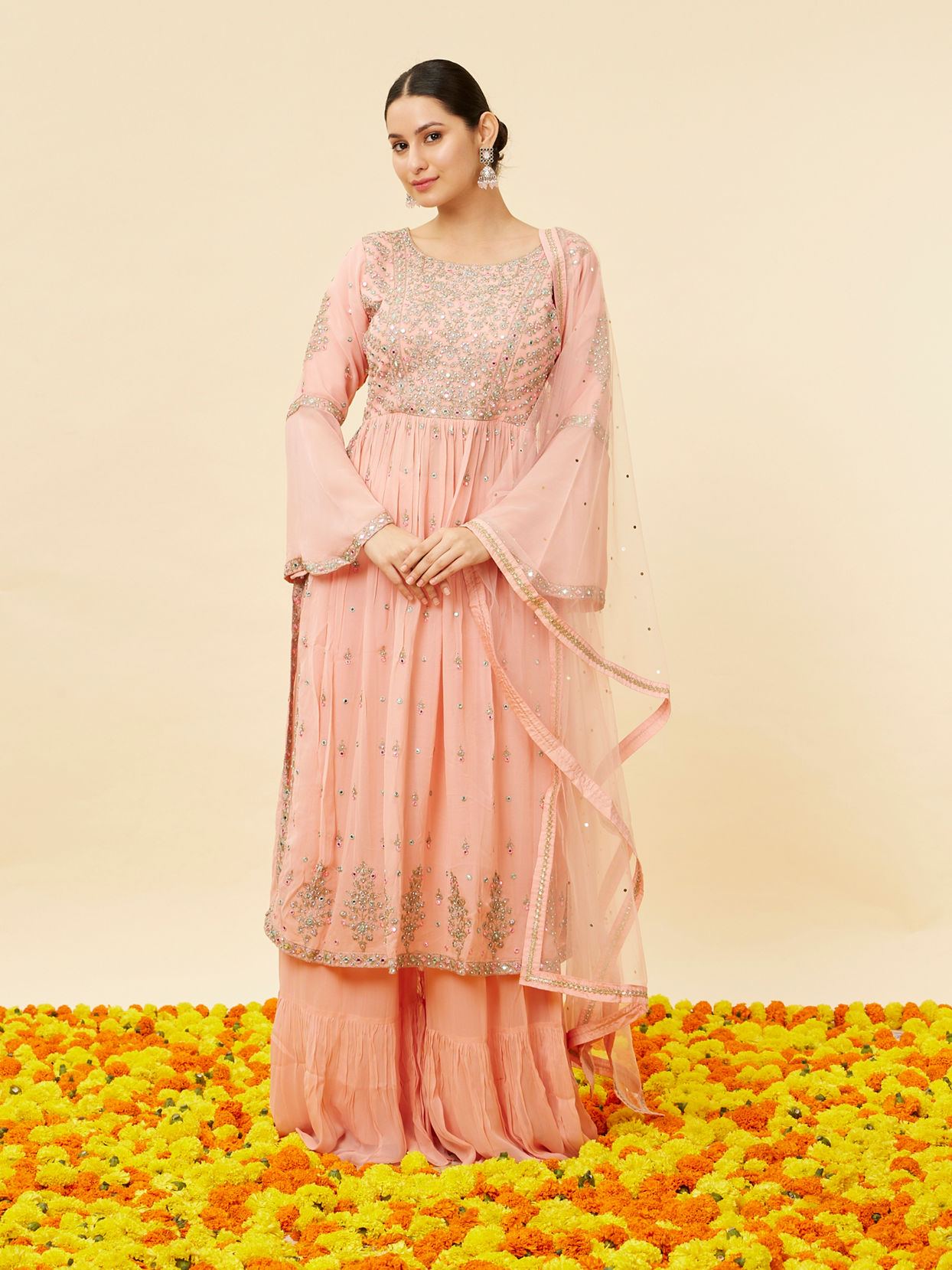 alt message - Mohey Women Pink Mirror Work Anarkali Suit image number 0