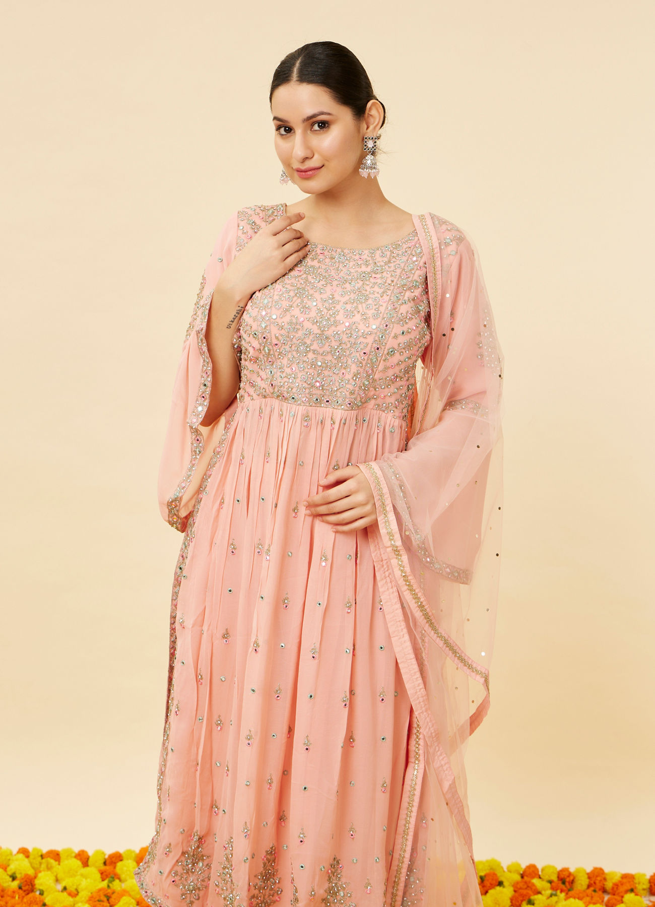 Mohey Women Pink Mirror Work Anarkali Suit