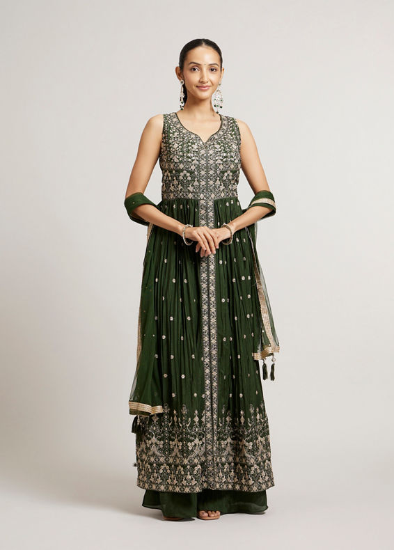 Mohey Women Bottle Green Floral Embroidered Anarkali Suit Set with Mirror Work