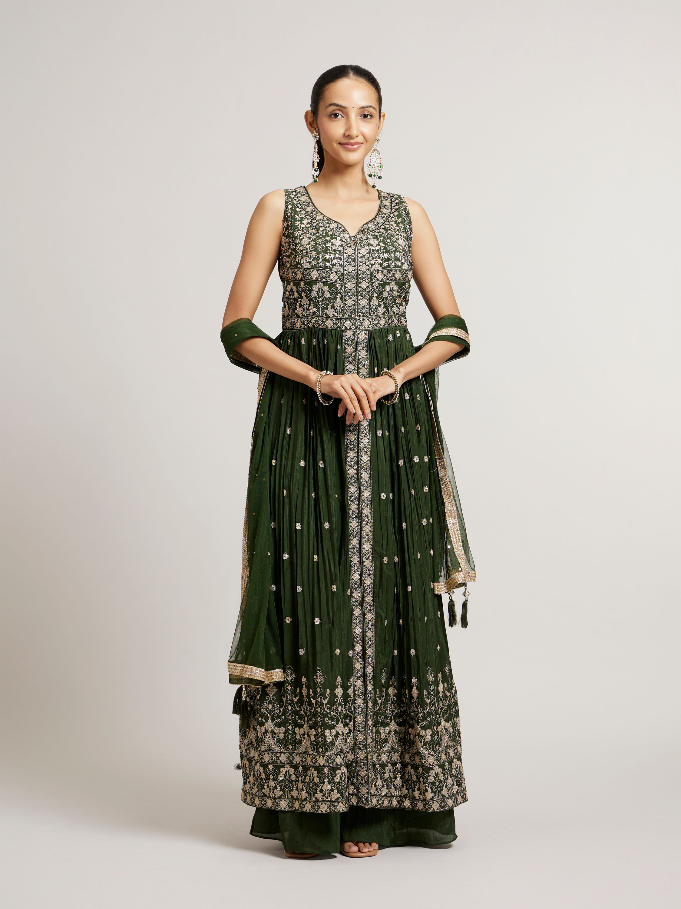 Mohey Women Bottle Green Floral Embroidered Anarkali Suit Set with Mirror Work