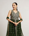 Mohey Women Bottle Green Floral Embroidered Anarkali Suit Set with Mirror Work