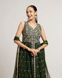 Mohey Women Bottle Green Floral Embroidered Anarkali Suit Set with Mirror Work