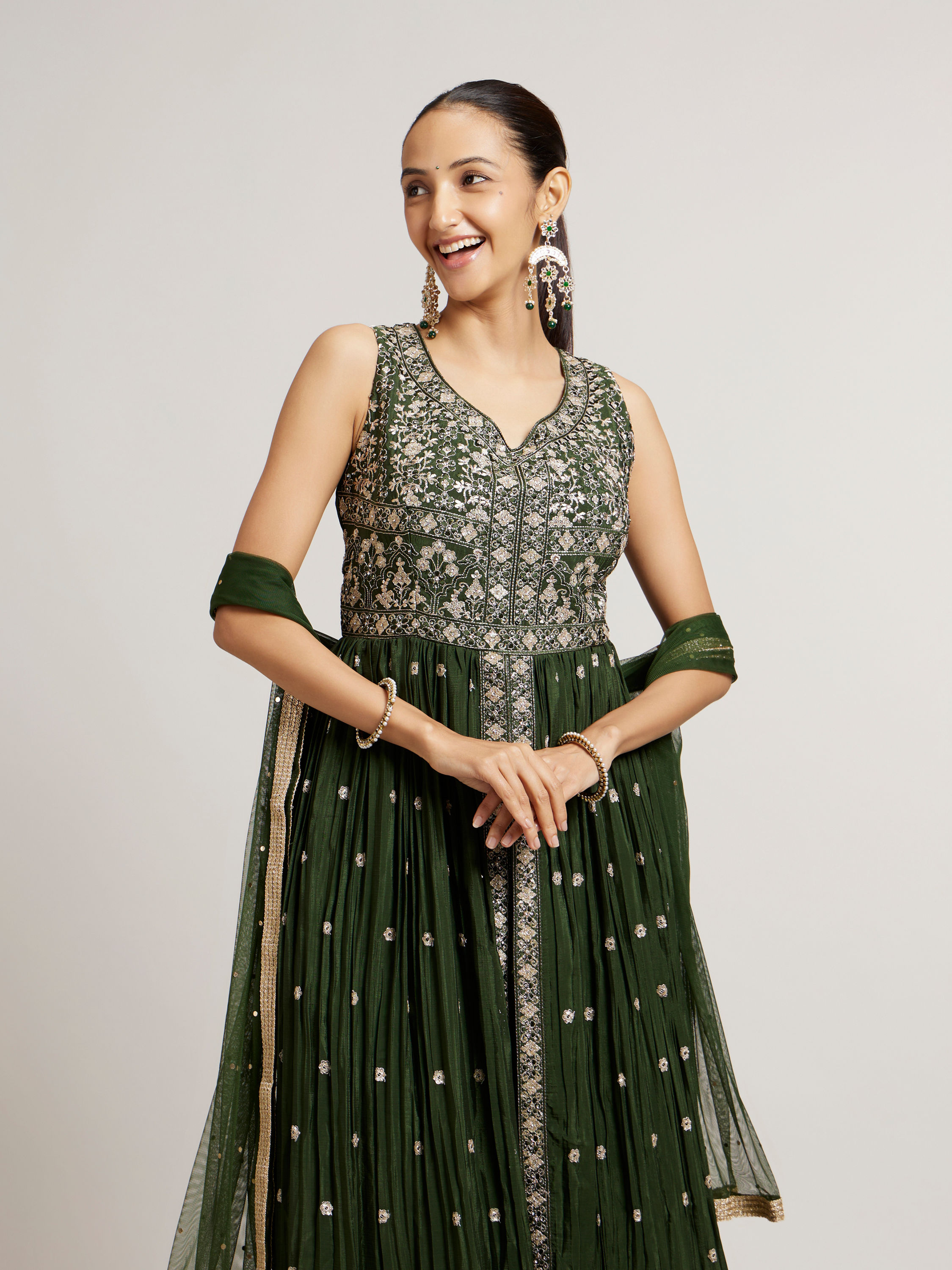 Mohey Women Bottle Green Floral Embroidered Anarkali Suit Set with Mirror Work