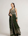Mohey Women Bottle Green Floral Embroidered Anarkali Suit Set with Mirror Work