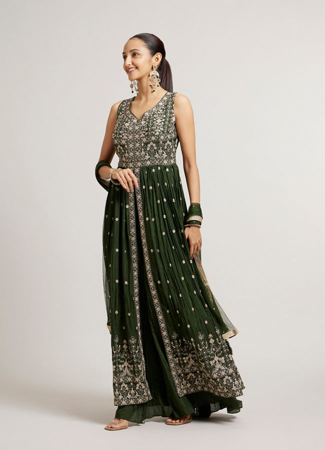 Mohey Women Bottle Green Floral Embroidered Anarkali Suit Set with Mirror Work