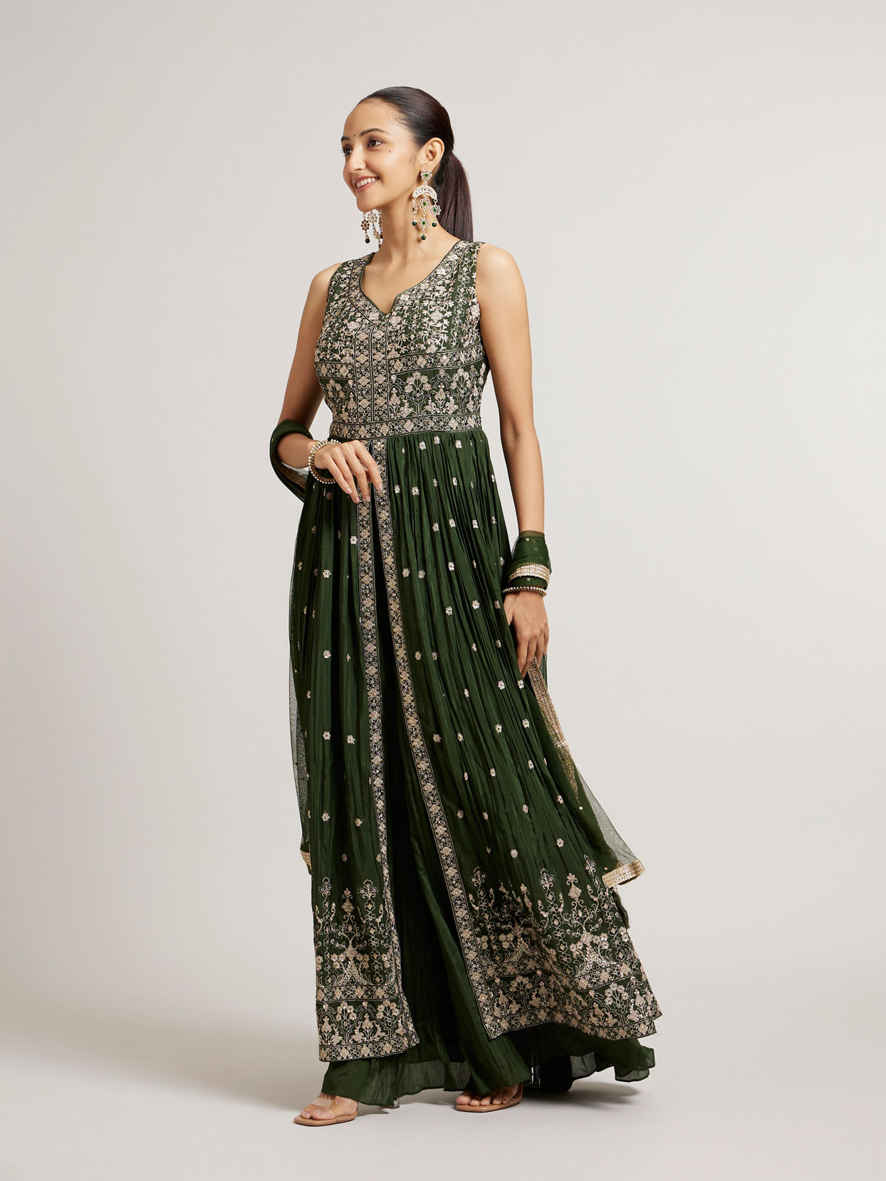 Mohey Women Bottle Green Floral Embroidered Anarkali Suit Set with Mirror Work