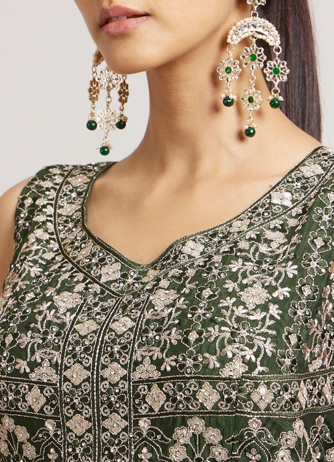 Mohey Women Bottle Green Floral Embroidered Anarkali Suit Set with Mirror Work