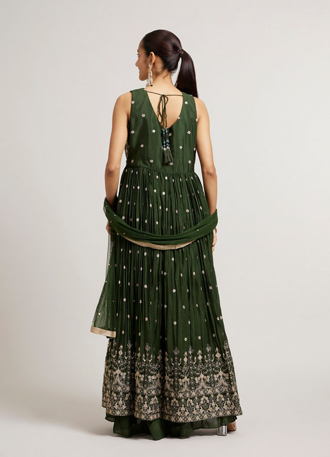 Mohey Women Bottle Green Floral Embroidered Anarkali Suit Set with Mirror Work