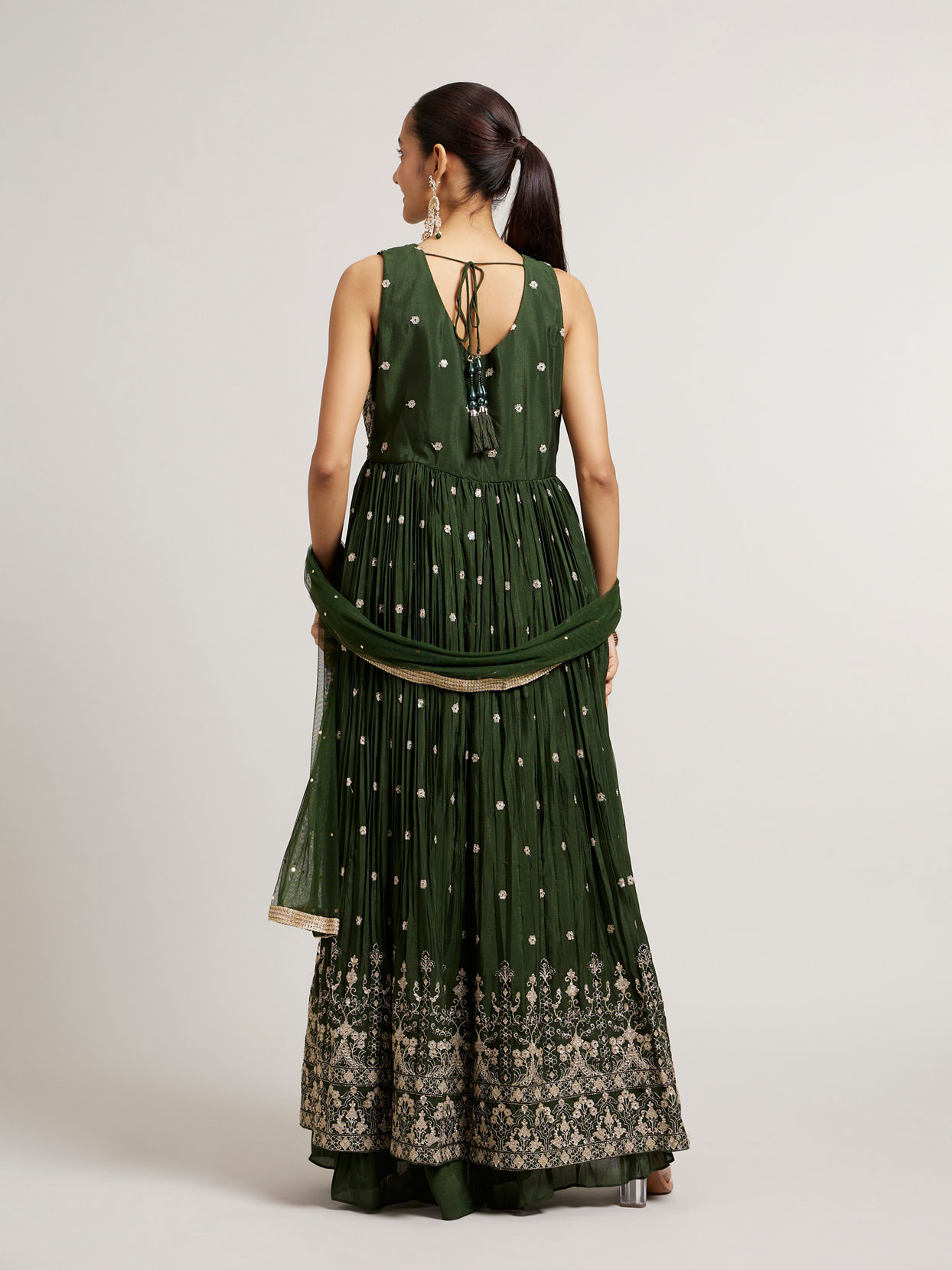 Mohey Women Bottle Green Floral Embroidered Anarkali Suit Set with Mirror Work