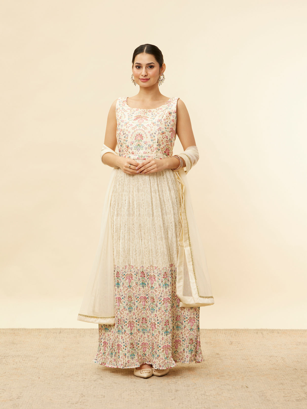 Mohey Women Soft Cream Floral Printed Sequined Anarkali Suit