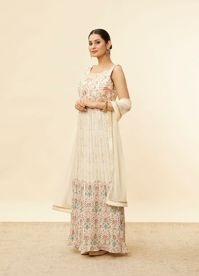 Mohey Women Soft Cream Floral Printed Sequined Anarkali Suit