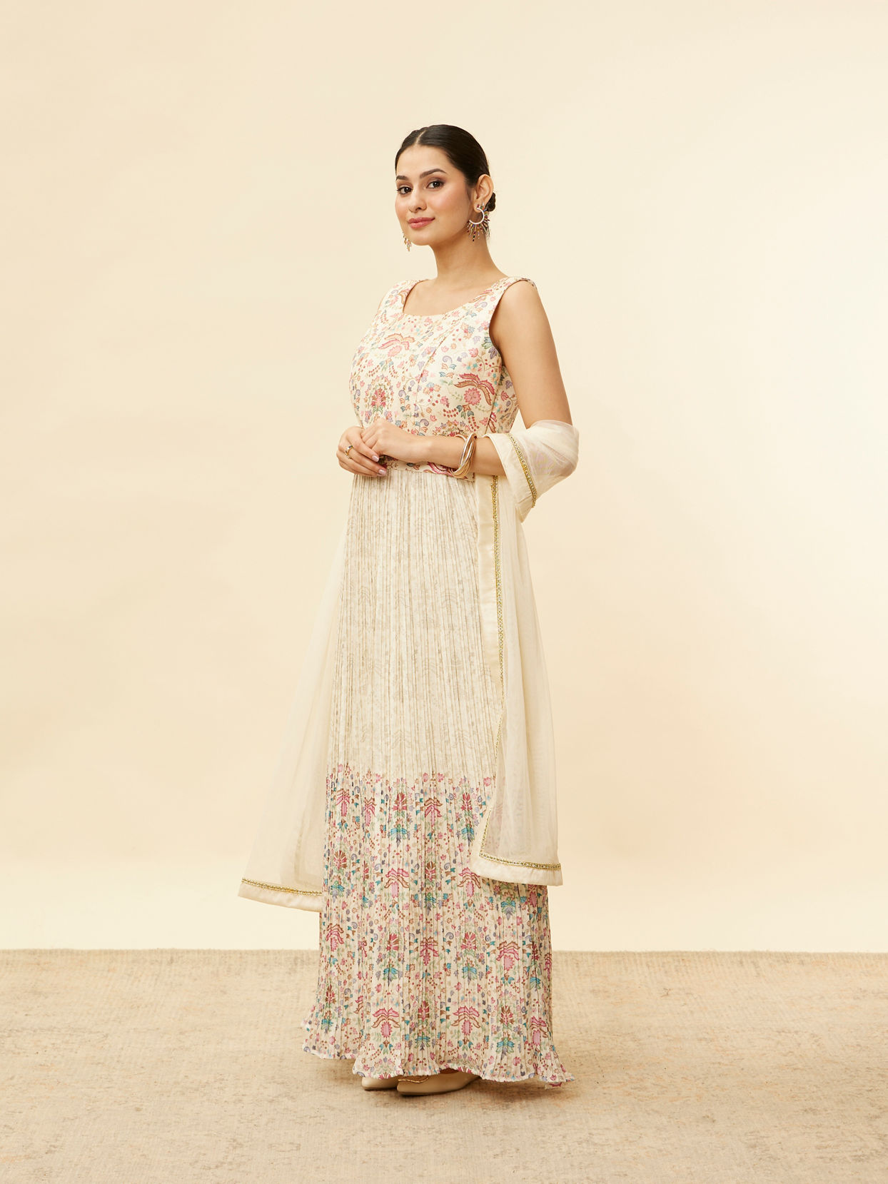Mohey Women Soft Cream Floral Printed Sequined Anarkali Suit