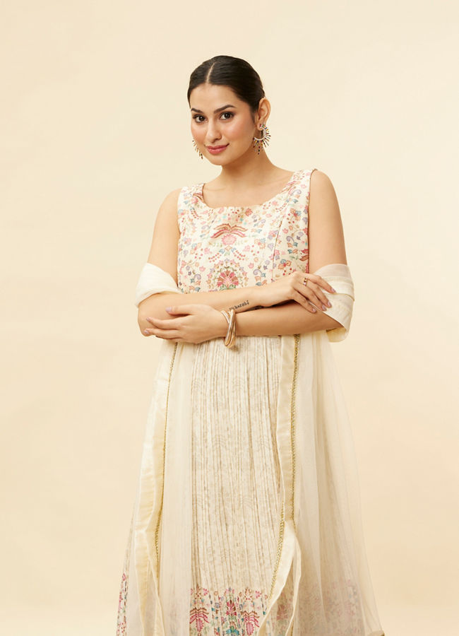 Mohey Women Soft Cream Floral Printed Sequined Anarkali Suit