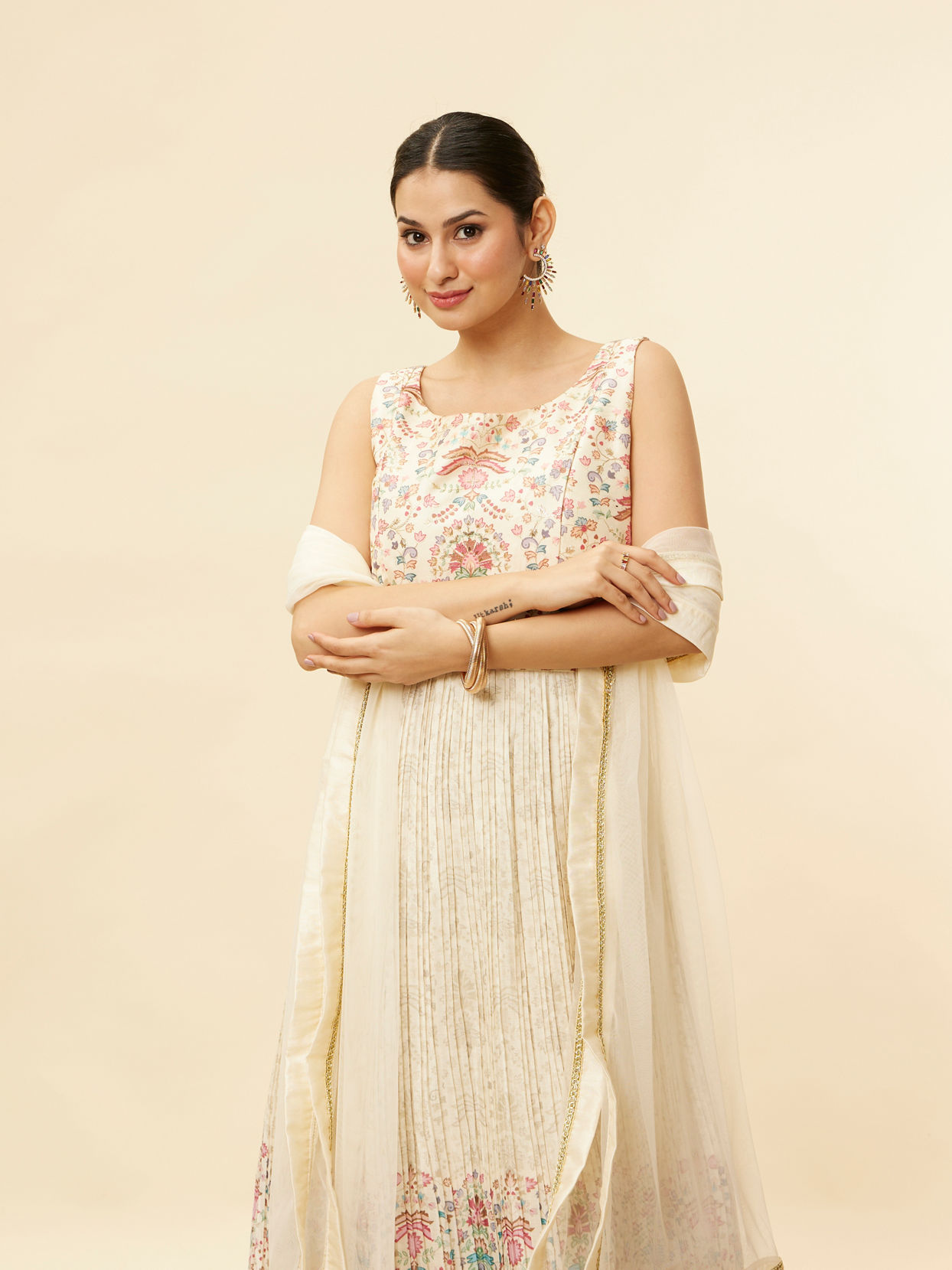 Mohey Women Soft Cream Floral Printed Sequined Anarkali Suit