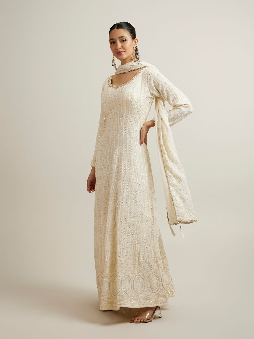 Mohey Women Dark Cream Buta Patterned Anarkali Suit