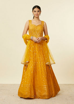 alt message - Mohey Women Mustard Yellow Buta Patterned Anarkali Suit image number 0