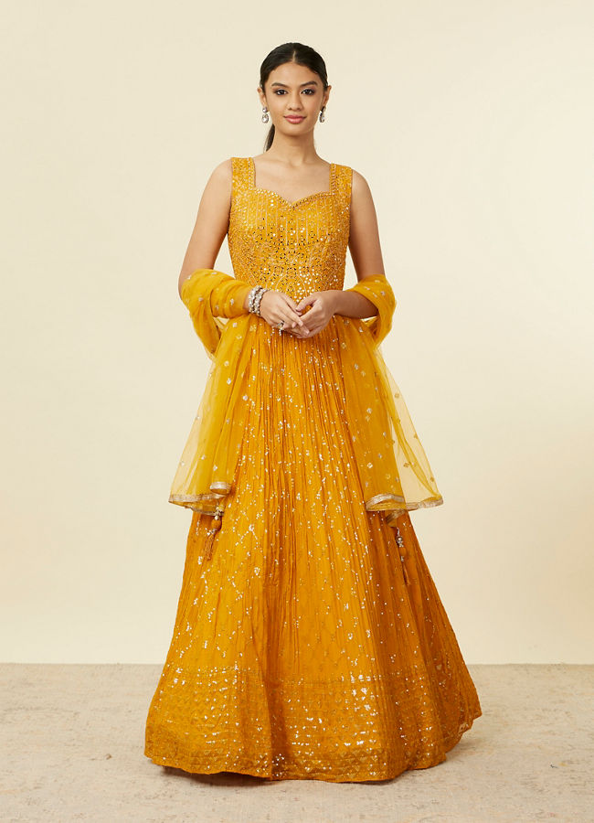 alt message - Mohey Women Mustard Yellow Buta Patterned Anarkali Suit image number 0