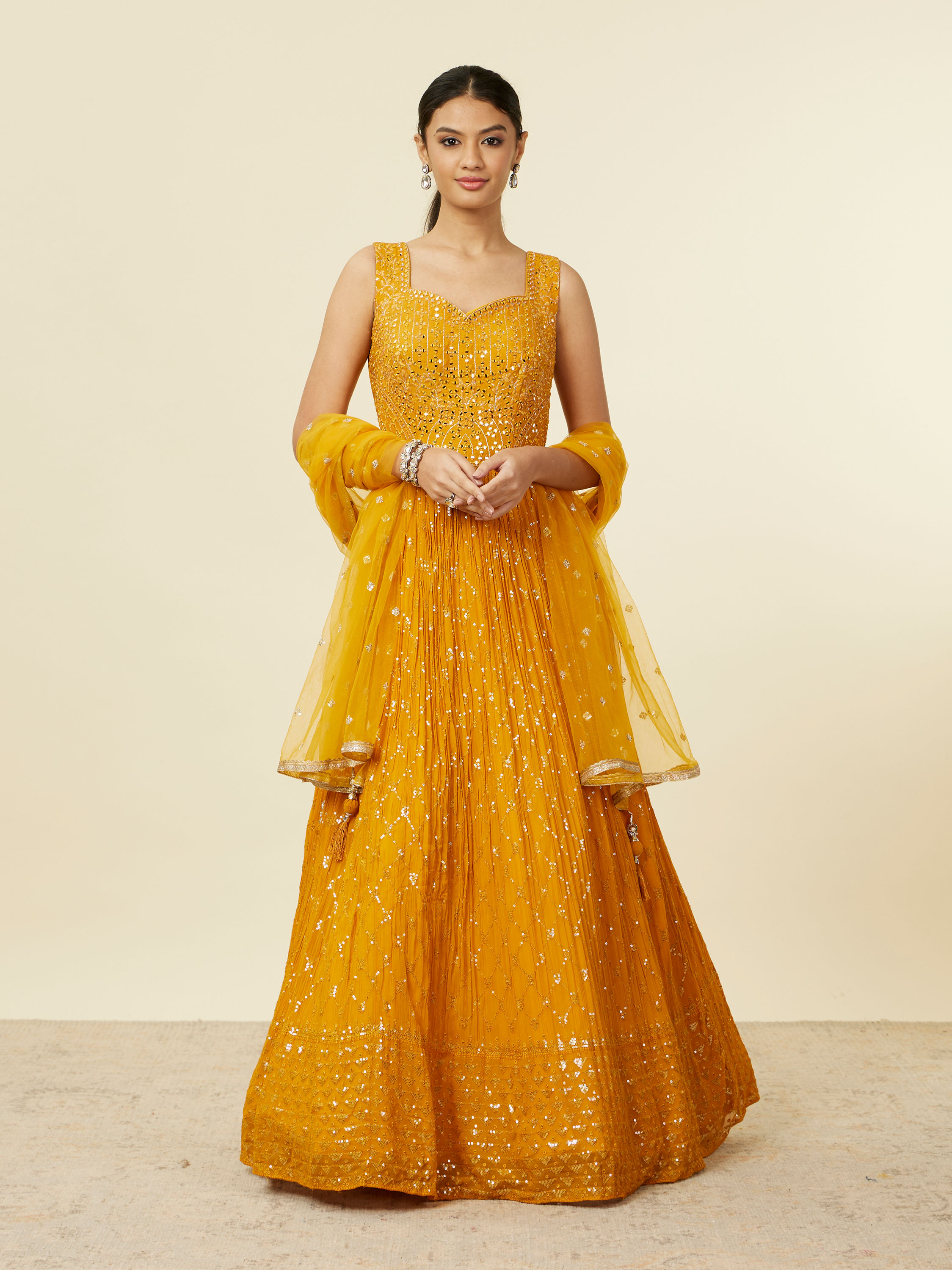 Mohey Women Mustard Yellow Buta Patterned Anarkali Suit