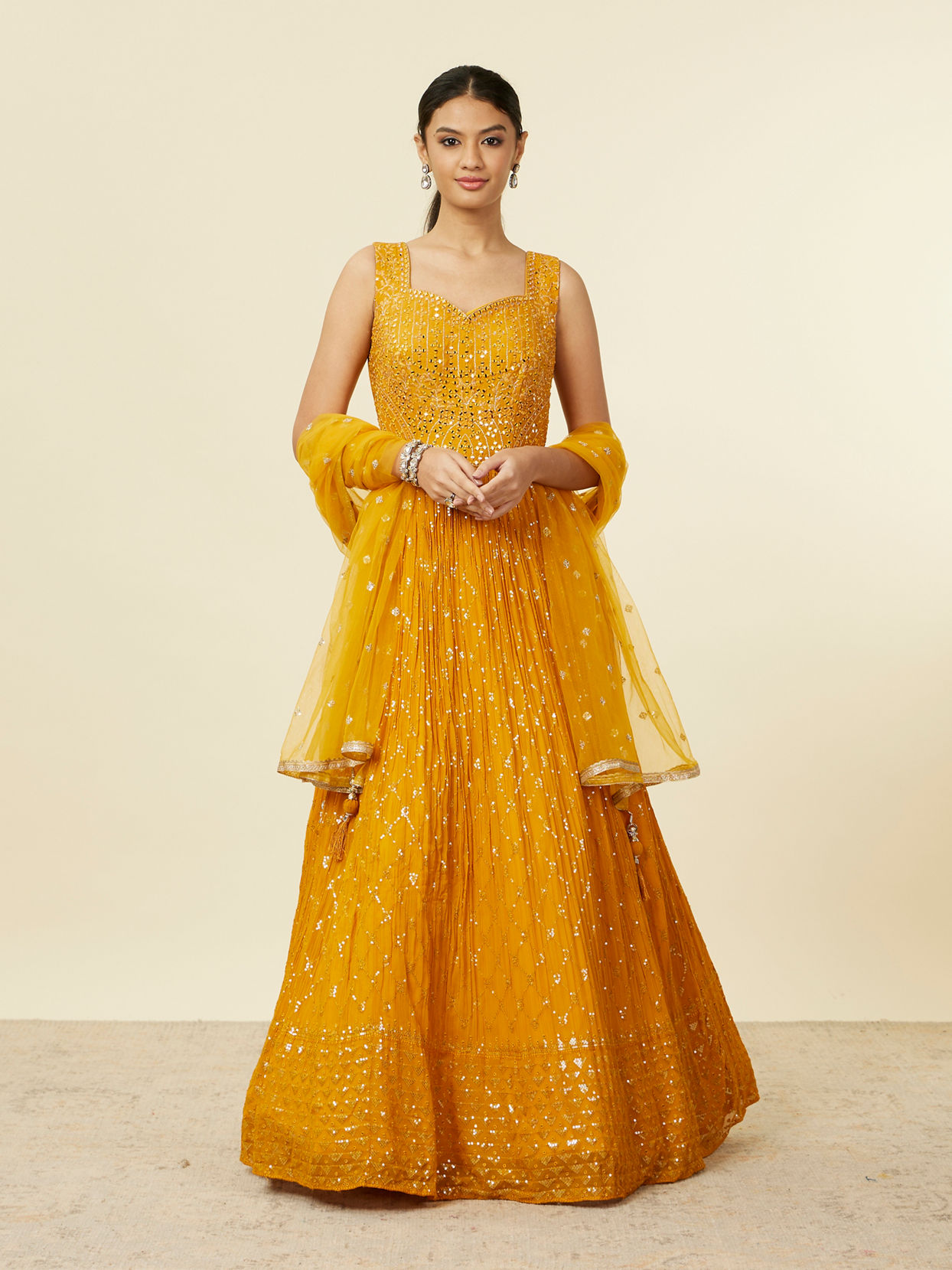 alt message - Mohey Women Mustard Yellow Buta Patterned Anarkali Suit image number 0