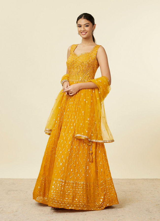 alt message - Mohey Women Mustard Yellow Buta Patterned Anarkali Suit image number 2