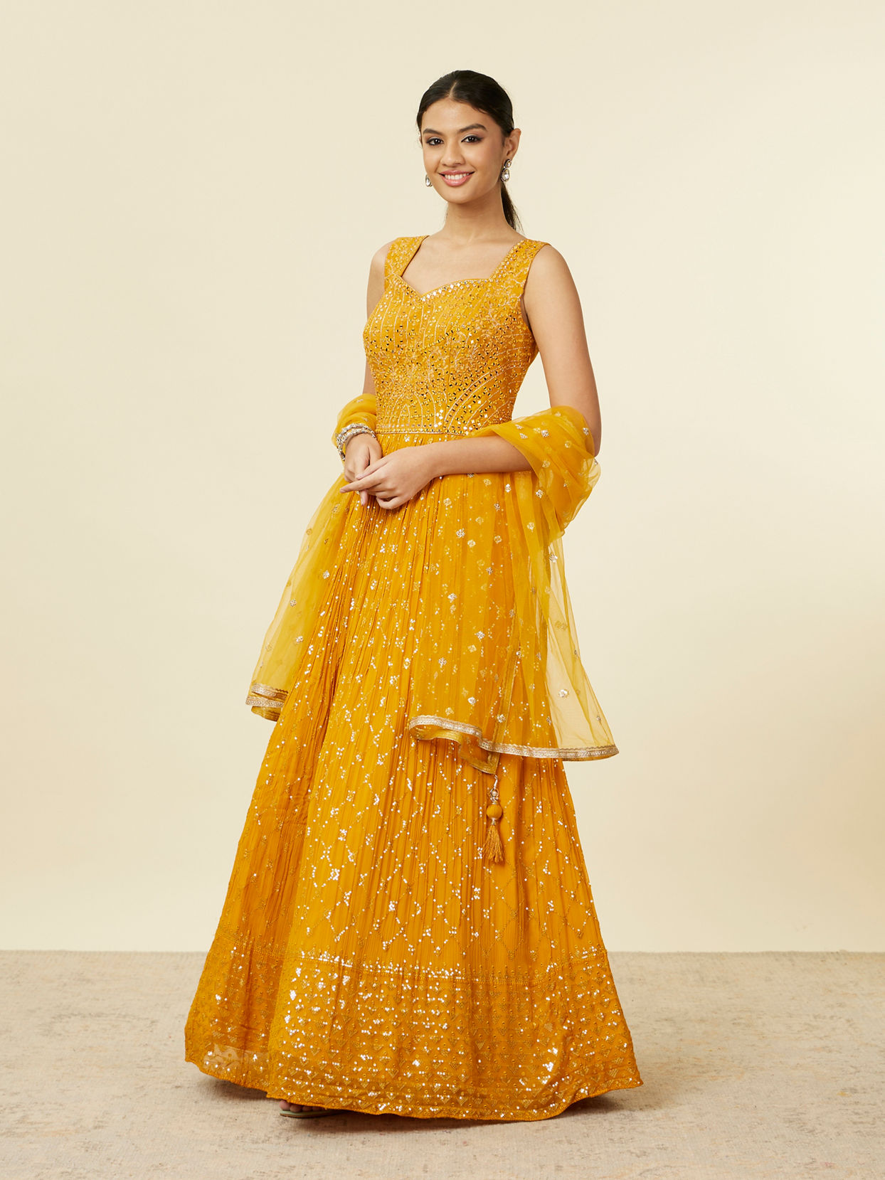 alt message - Mohey Women Mustard Yellow Buta Patterned Anarkali Suit image number 2