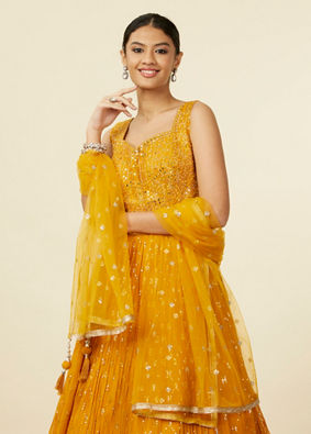 alt message - Mohey Women Mustard Yellow Buta Patterned Anarkali Suit image number 1