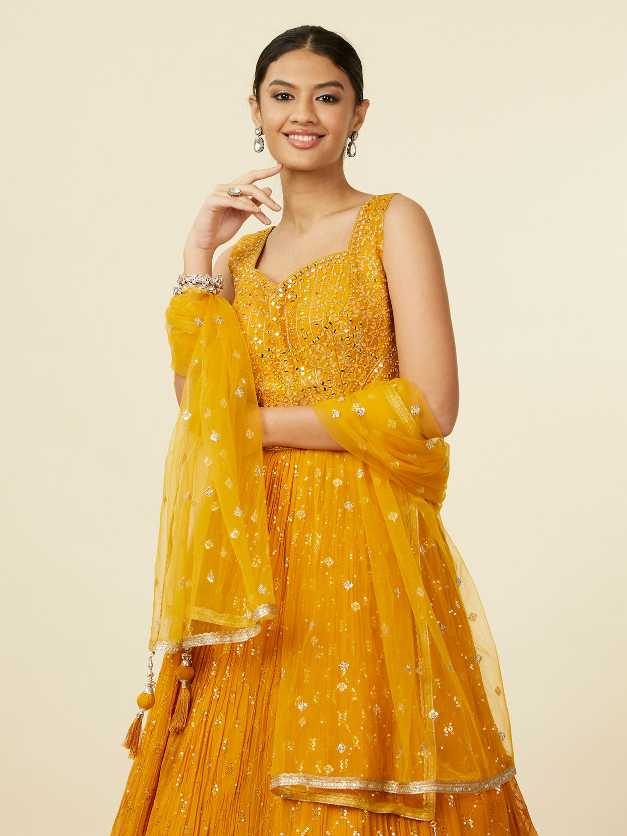 alt message - Mohey Women Mustard Yellow Buta Patterned Anarkali Suit image number 1