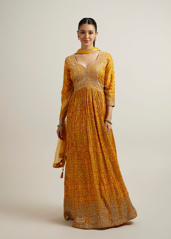 Mohey Women Mustard Crepe Zari Embroidered Anarkali Suit