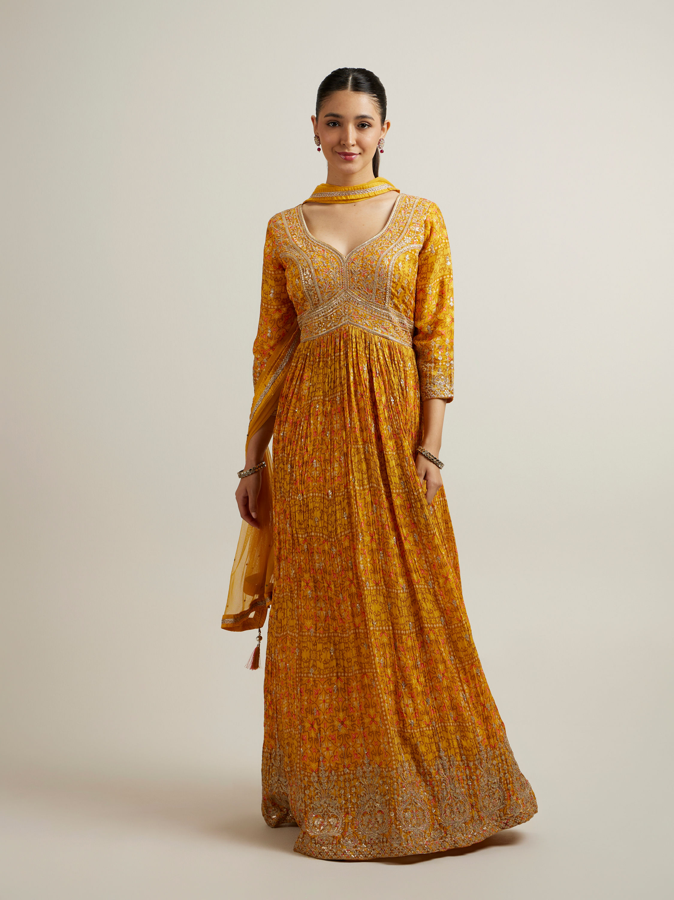 Mohey Women Mustard Crepe Zari Embroidered Anarkali Suit