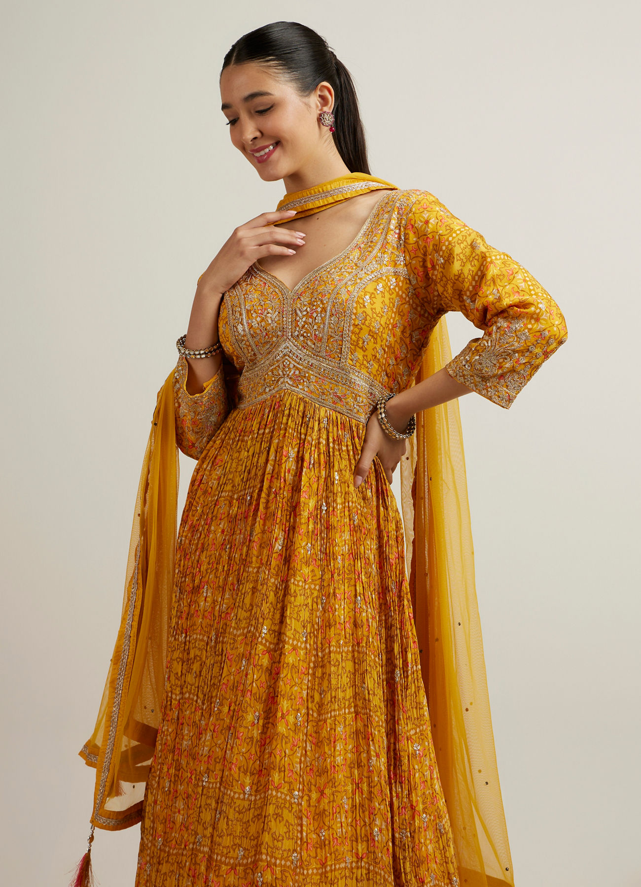 Mohey Women Mustard Crepe Zari Embroidered Anarkali Suit