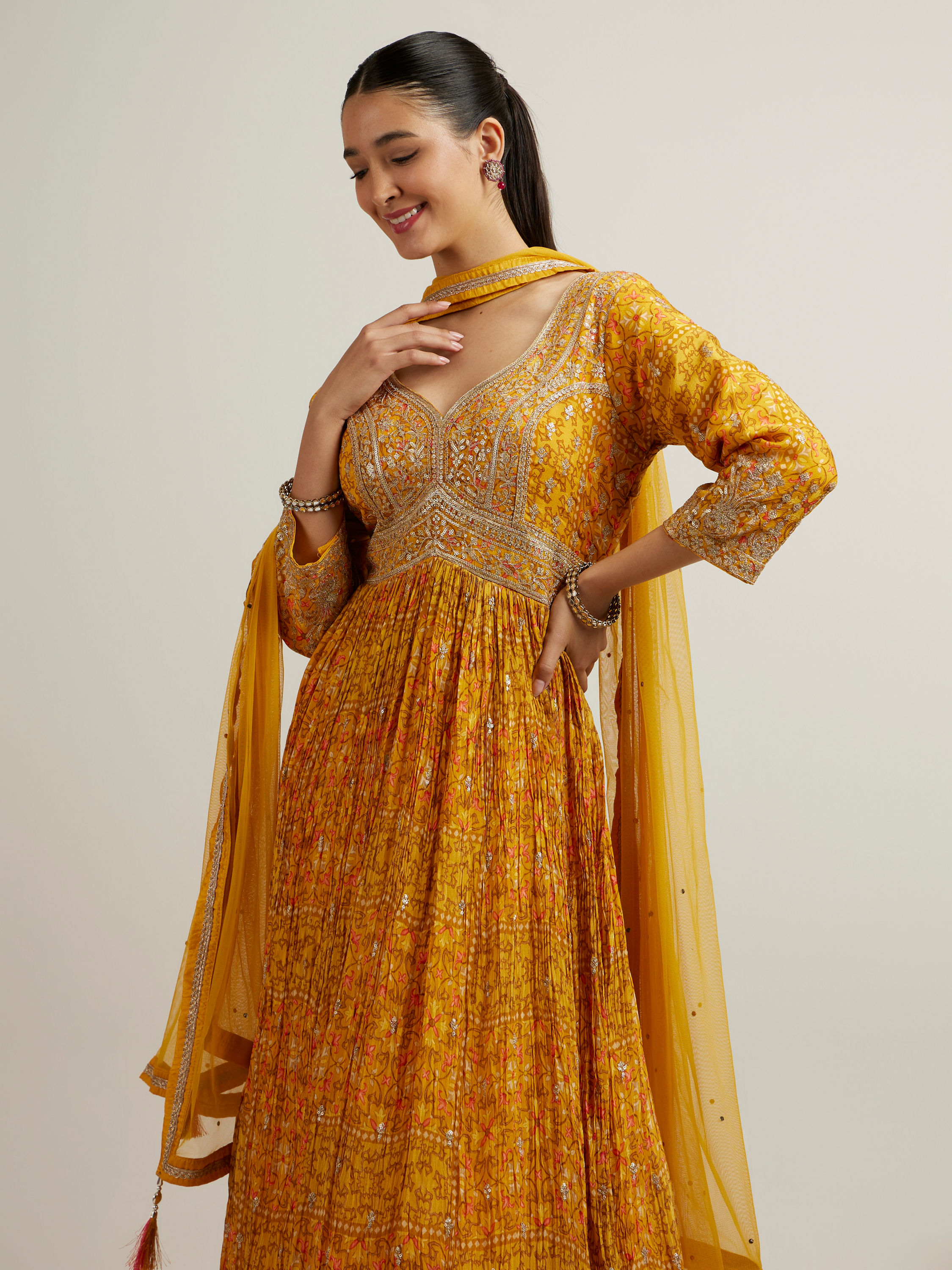 Mohey Women Mustard Crepe Zari Embroidered Anarkali Suit