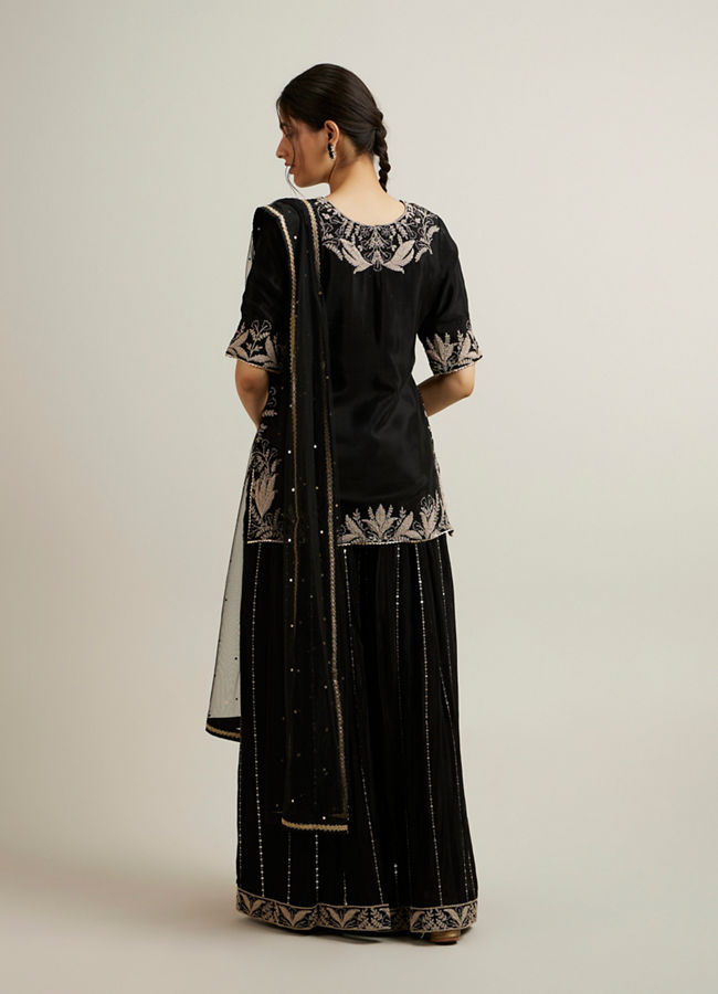 Mohey Women Black Floral Embroidered Sequinned Palazzo Suit