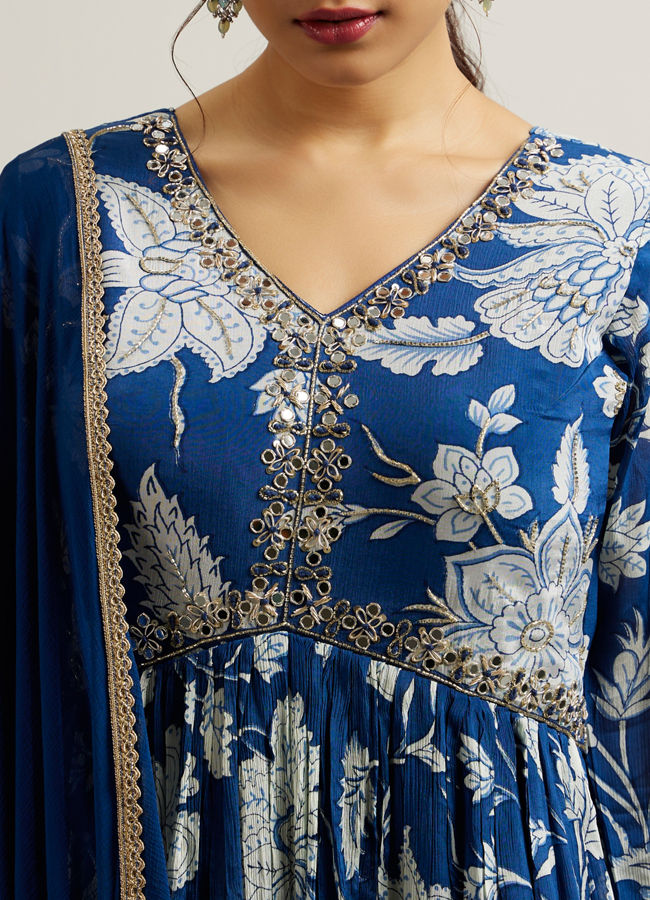 Mohey Women Blue Chinon Hand Embroidered Anarkali Suit