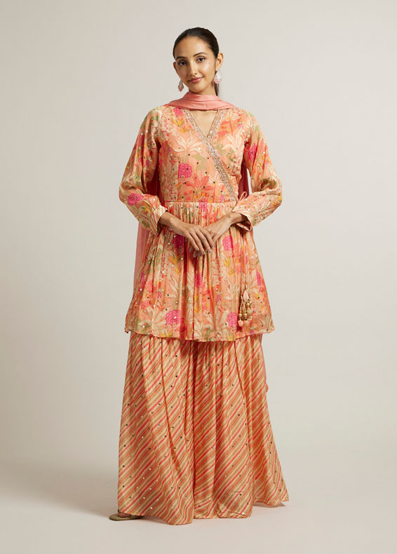 Mohey Women Soft Peach Floral Printed Sharara Suits