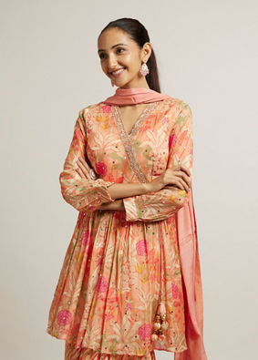 alt message - Mohey Women Soft Peach Floral Printed Suit with Mirror Embellishments image number 1