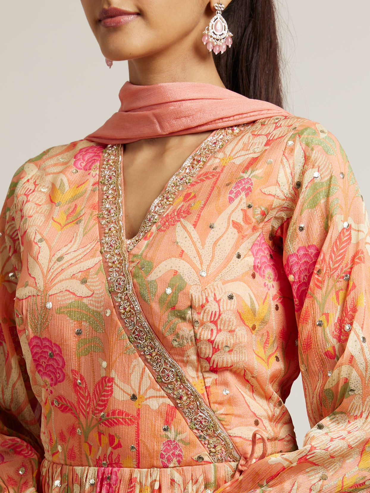 Mohey Women Soft Peach Floral Printed Sharara Suits