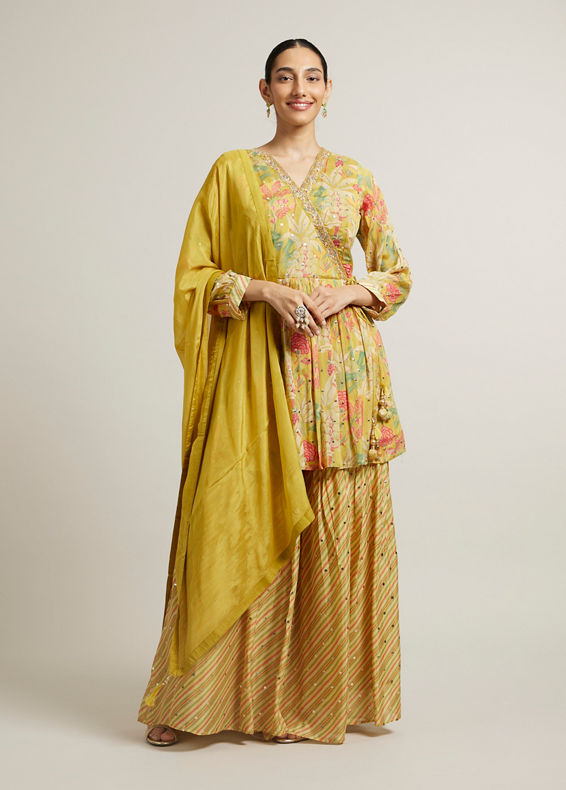 Mohey Women Sunglow Yellow Floral Printed Sharara Suits with Mirror Embellishments