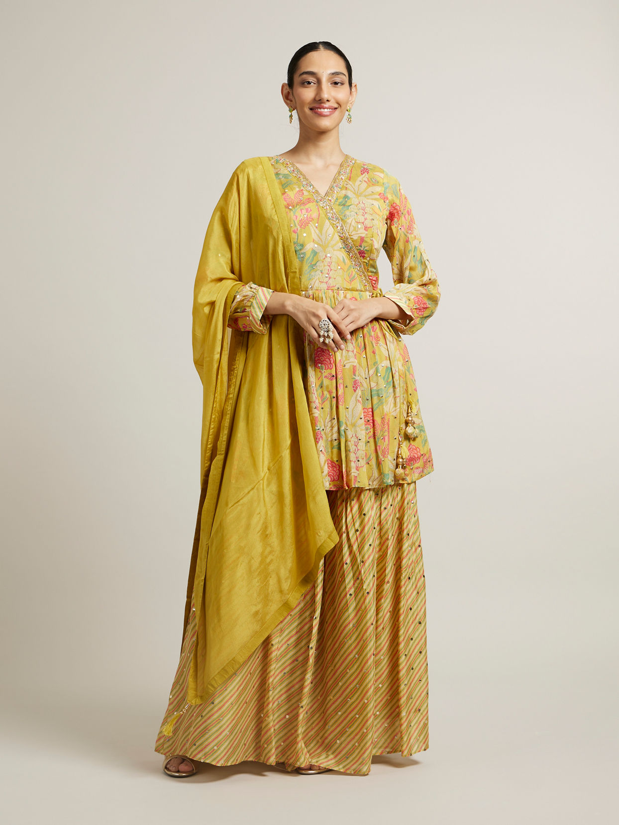 alt message - Mohey Women Sunglow Yellow Floral Printed Suit with Mirror Embellishments image number 0