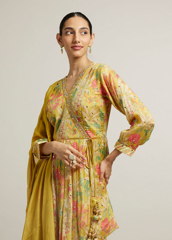 Mohey Women Sunglow Yellow Floral Printed Sharara Suits with Mirror Embellishments