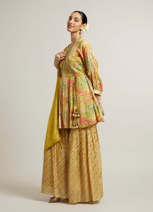 Mohey Women Sunglow Yellow Floral Printed Sharara Suits with Mirror Embellishments