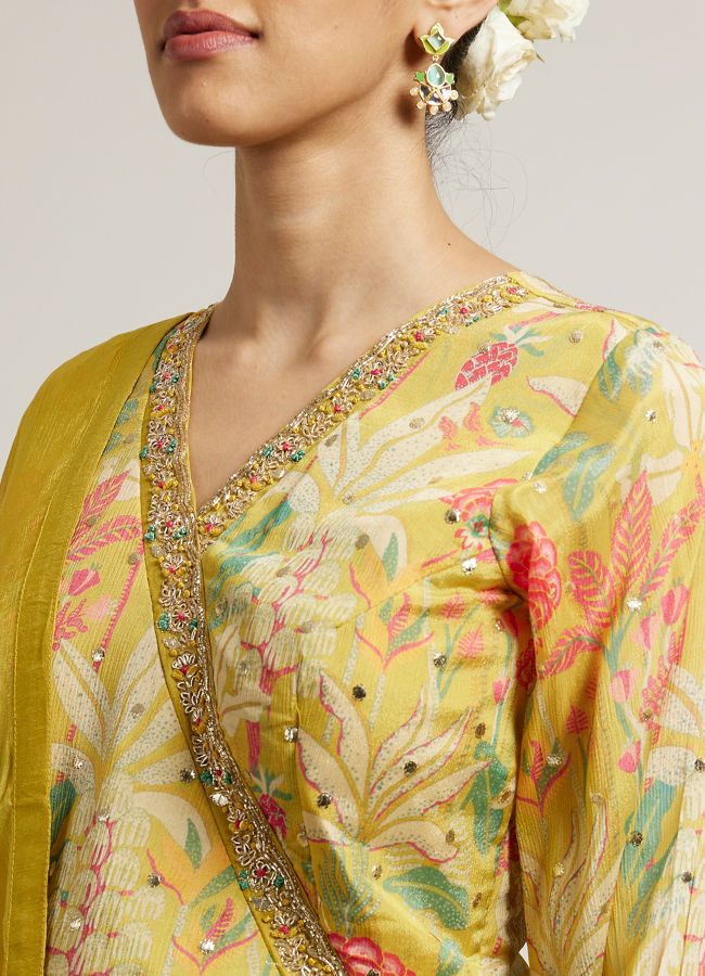 Mohey Women Sunglow Yellow Floral Printed Sharara Suits with Mirror Embellishments