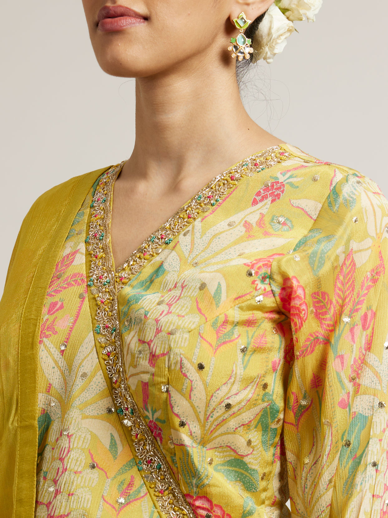 Mohey Women Sunglow Yellow Floral Printed Sharara Suits with Mirror Embellishments
