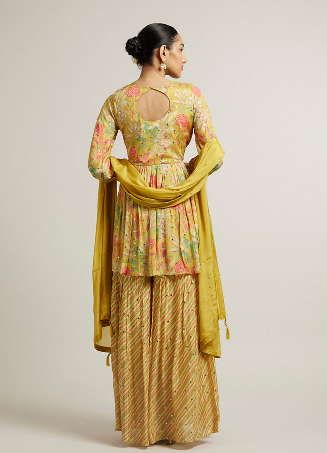 Mohey Women Sunglow Yellow Floral Printed Sharara Suits with Mirror Embellishments